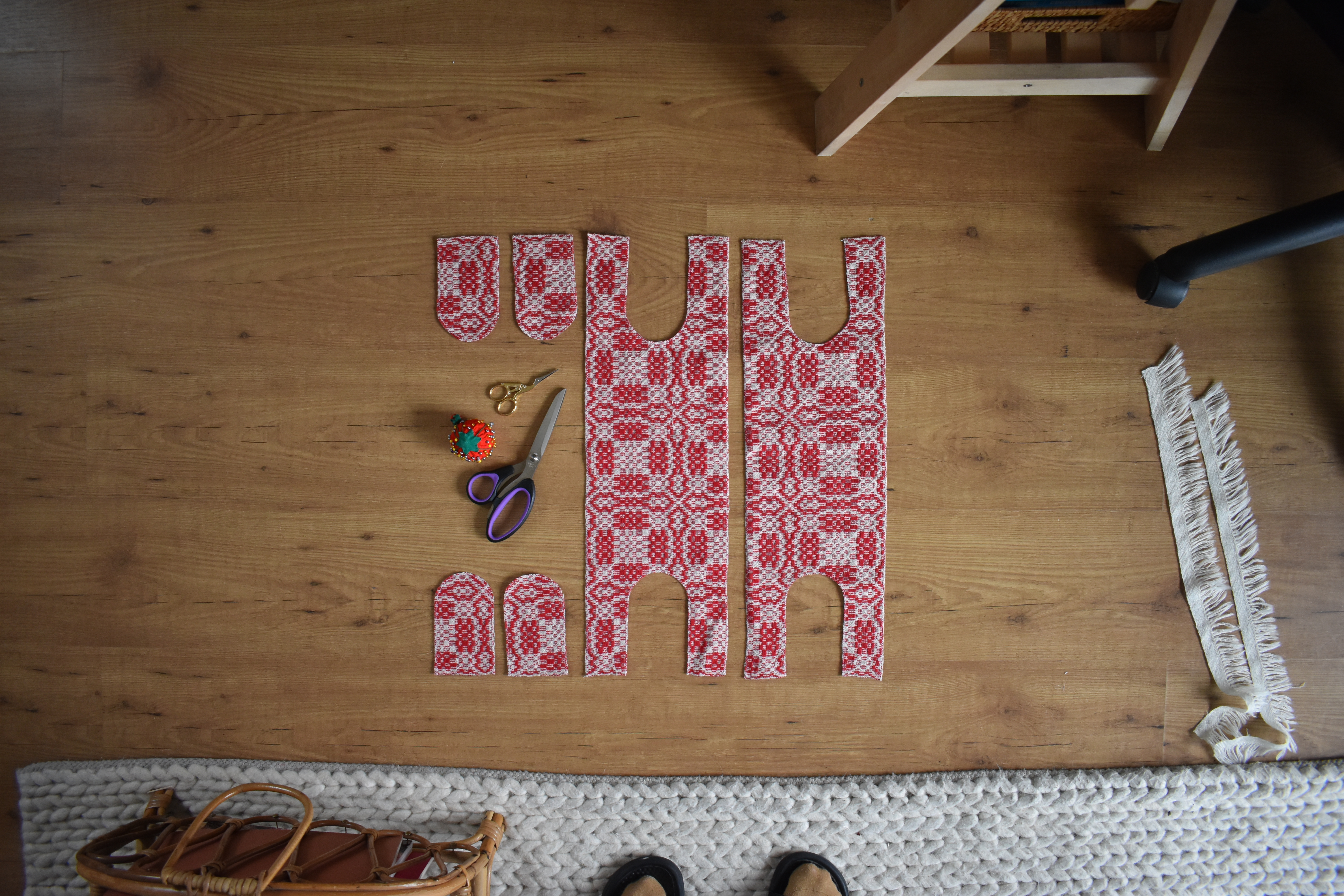 Pattern pieces cut in fabric